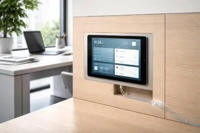 découvrez notre solution de fixation propre avec support encastré et alimentation poe pour tablette tactile, idéale pour un usage en bureaux. design épuré et installation discrète pour un espace de travail optimisé.