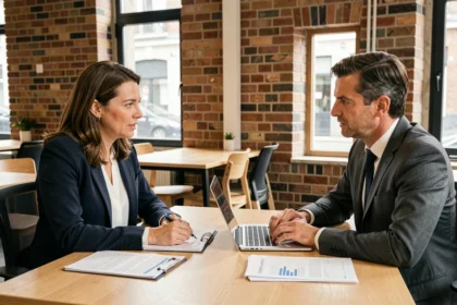Consultante en portage salarial accompagnant une professionnelle indépendante lors d'un entretien dans un espace de coworking à Angers
