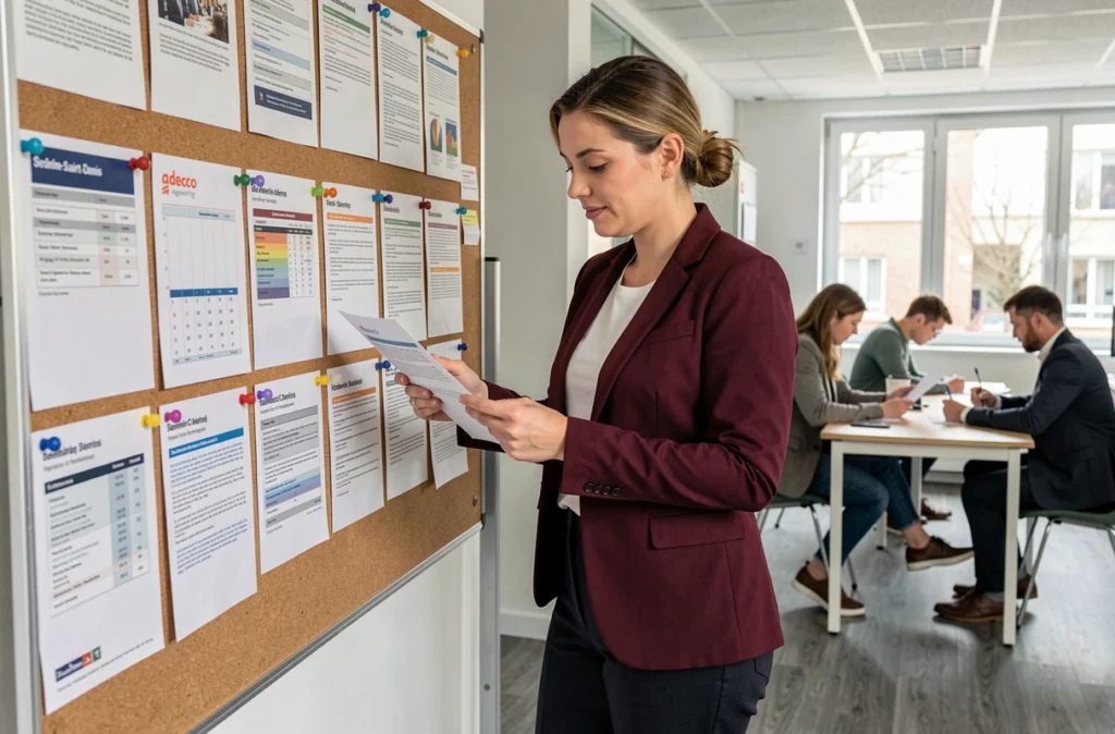 Conseillère Adecco présentant des offres d'emploi CDI et intérim dans une agence du 93