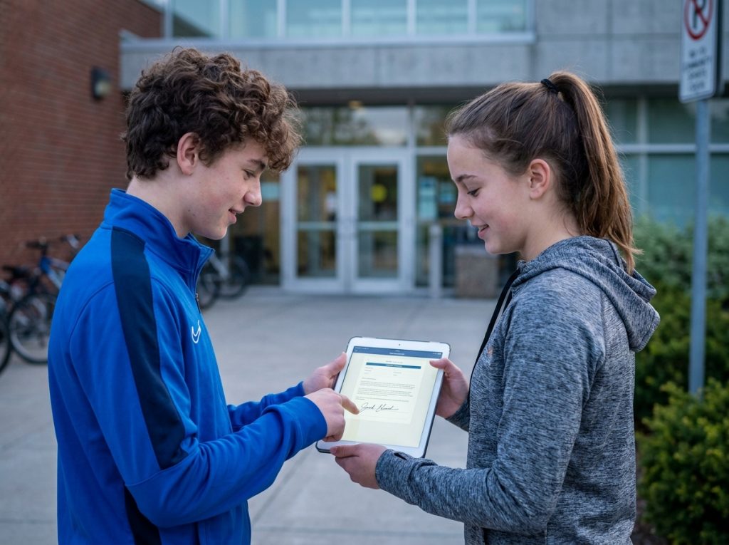 Deux adolescents vérifiant une autorisation parentale signée en ligne sur tablette devant un centre sportif