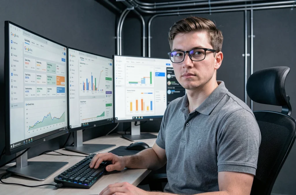 Analyste de données de l'agence AdQuality surveillant des tableaux de bord Google Ads en temps réel sur plusieurs écrans