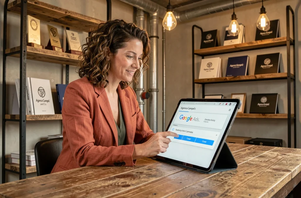 Directrice créative de l'agence Campel's & Co examinant une stratégie Google Ads sur tablette dans un bureau au style industriel