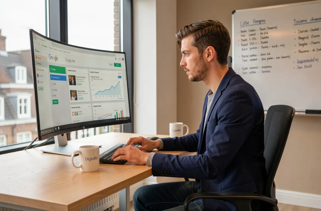 Stratégiste digital de l'agence Digitalille à Lille analysant des campagnes Google Ads sur un grand écran