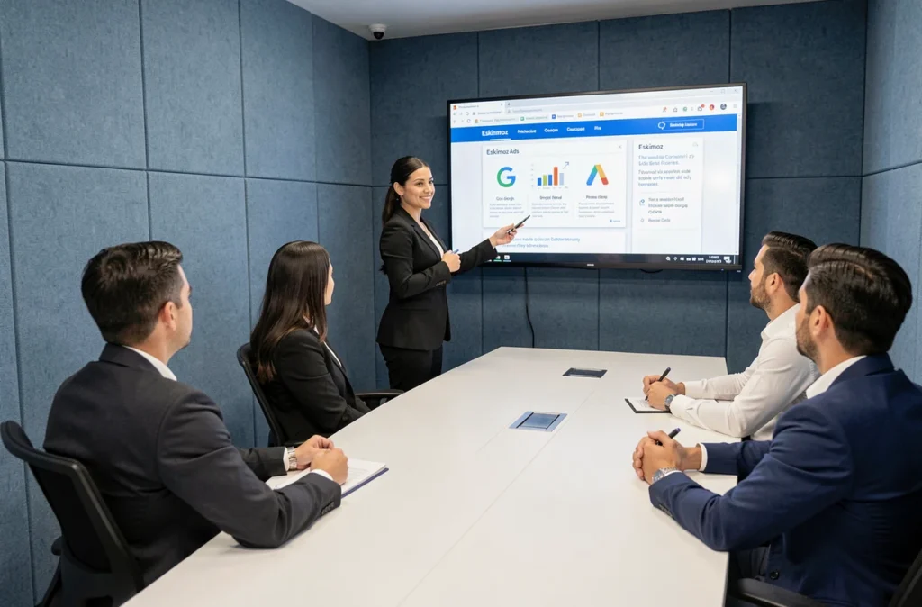 Consultante SEA de l'agence Eskimoz présentant une proposition de campagne Google Ads à une équipe client en salle de réunion