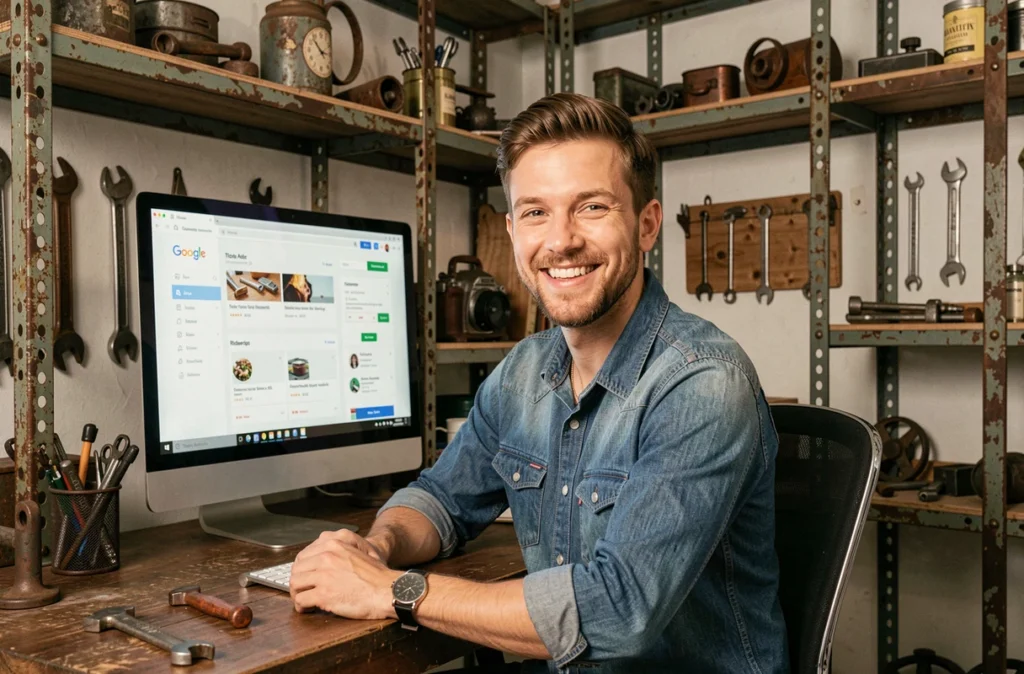 Stratégiste digital de l'agence La Quincaillerie travaillant sur des campagnes Google Ads dans un bureau au décor industriel vintage