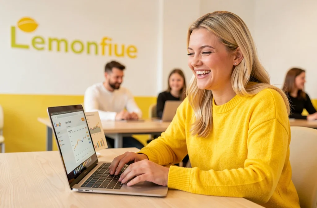 Responsable marketing digital de l'agence Lemonfive souriante en train d'analyser un rapport de campagne Google Ads sur un ordinateur portable