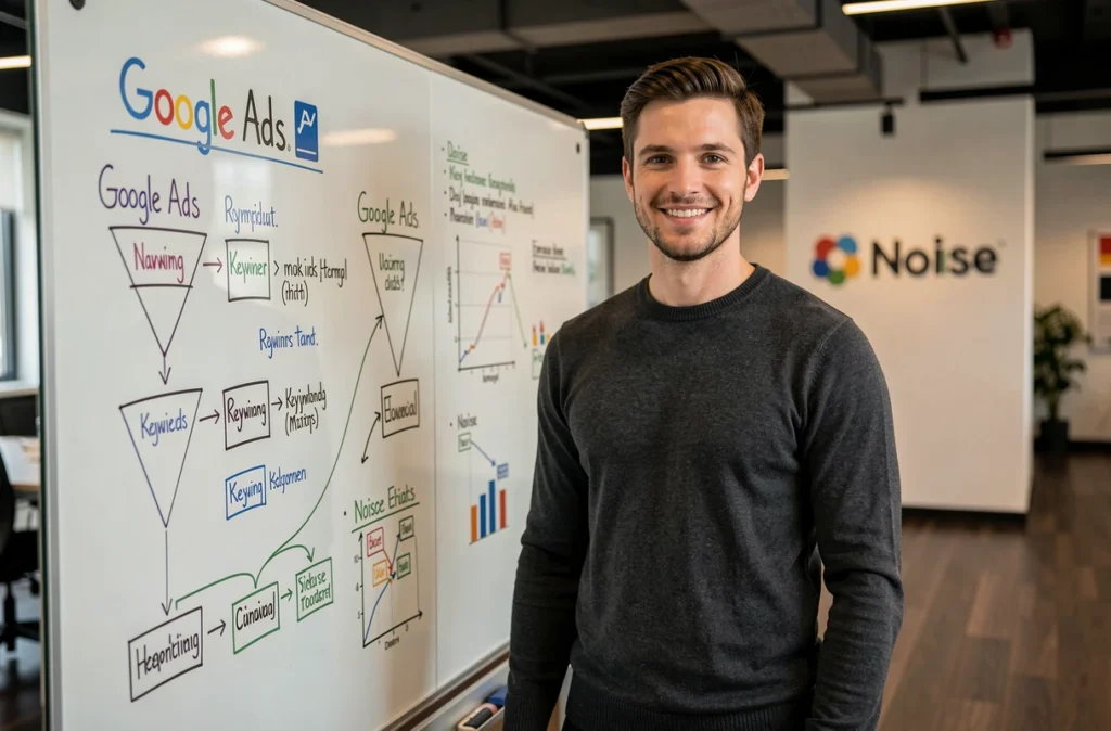 Consultant en marketing digital de l'agence Noiise devant un tableau blanc avec des stratégies Google Ads détaillées