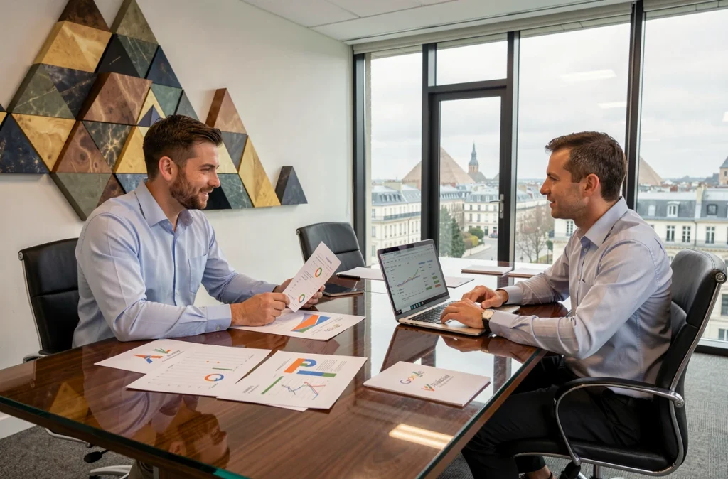 Deux consultants de l'agence Pyramids Digital en réunion autour de rapports de campagnes Google Ads