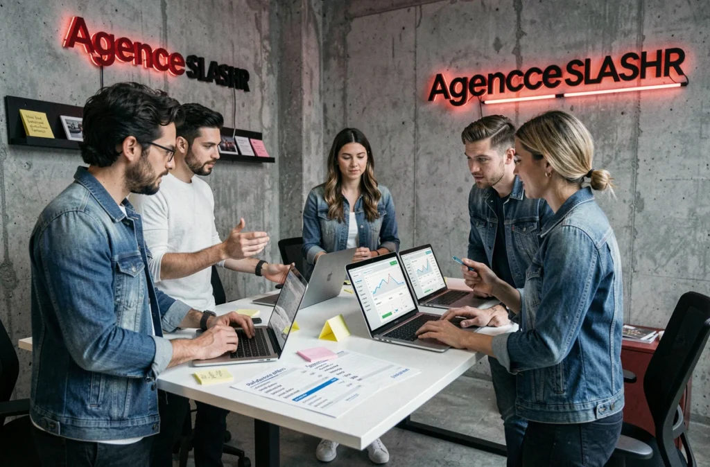 Équipe de l'agence SLASHR en session de brainstorming autour de campagnes Google Ads dans un espace moderne