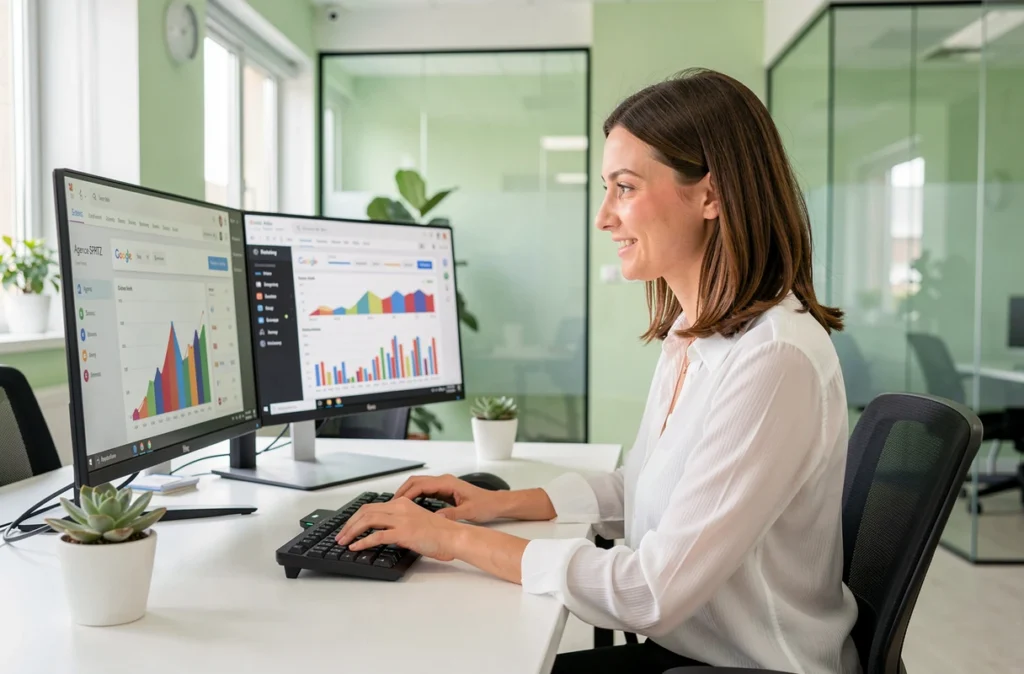 Gestionnaire de compte de l'agence SPRITZ analysant des performances Google Ads sur double écran dans un espace lumineux