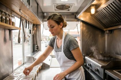 Jeune femme organisant l'intérieur d'un food truck avec des contenants en inox sur un comptoir de travail bien agencé