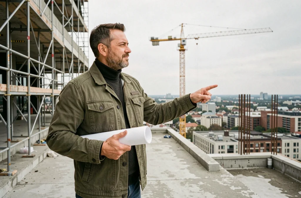 Architecte indépendant sur un chantier de construction gérant un projet en portage salarial