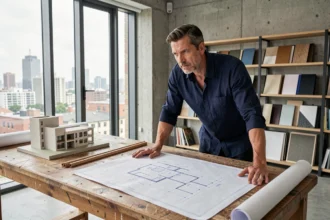 Architecte indépendant travaillant sur des plans dans un studio moderne en portage salarial