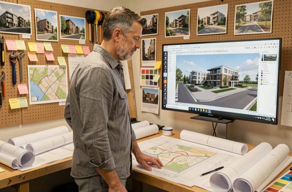 Architecte examinant des plans et un rendu 3D sur écran dans un studio de conception immobilière