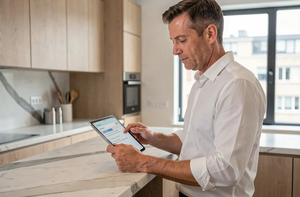 Auto-entrepreneur masculin gérant ses cotisations Urssaf sur une tablette dans une cuisine moderne