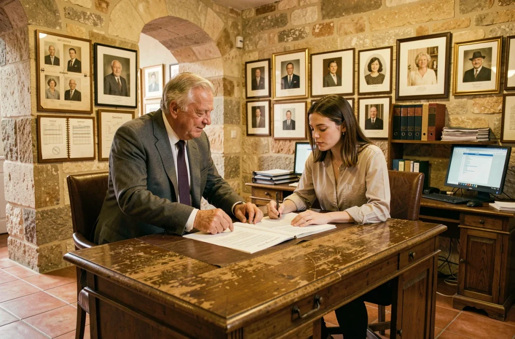 Duo père-fille du Cabinet Martinuzzi et Fils travaillant ensemble sur des documents comptables dans leur bureau familial à Nîmes