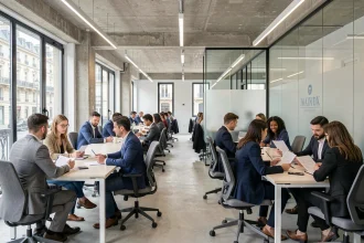 Vue d'ensemble d'un cabinet de recrutement moderne à Paris, avec des professionnels en réunion dans un espace de travail contemporain