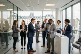 Hall d'entrée d'un cabinet de recrutement moderne en Seine-Saint-Denis avec des professionnels en discussion