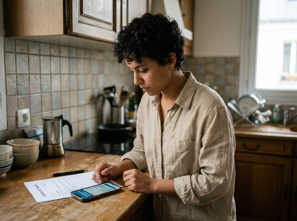 Personne consultant un calculateur de salaire SMIC net sur smartphone dans une cuisine