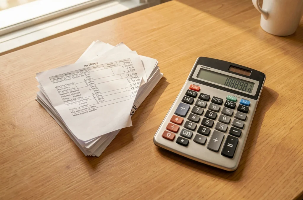 Calculatrice et factures posées sur un bureau