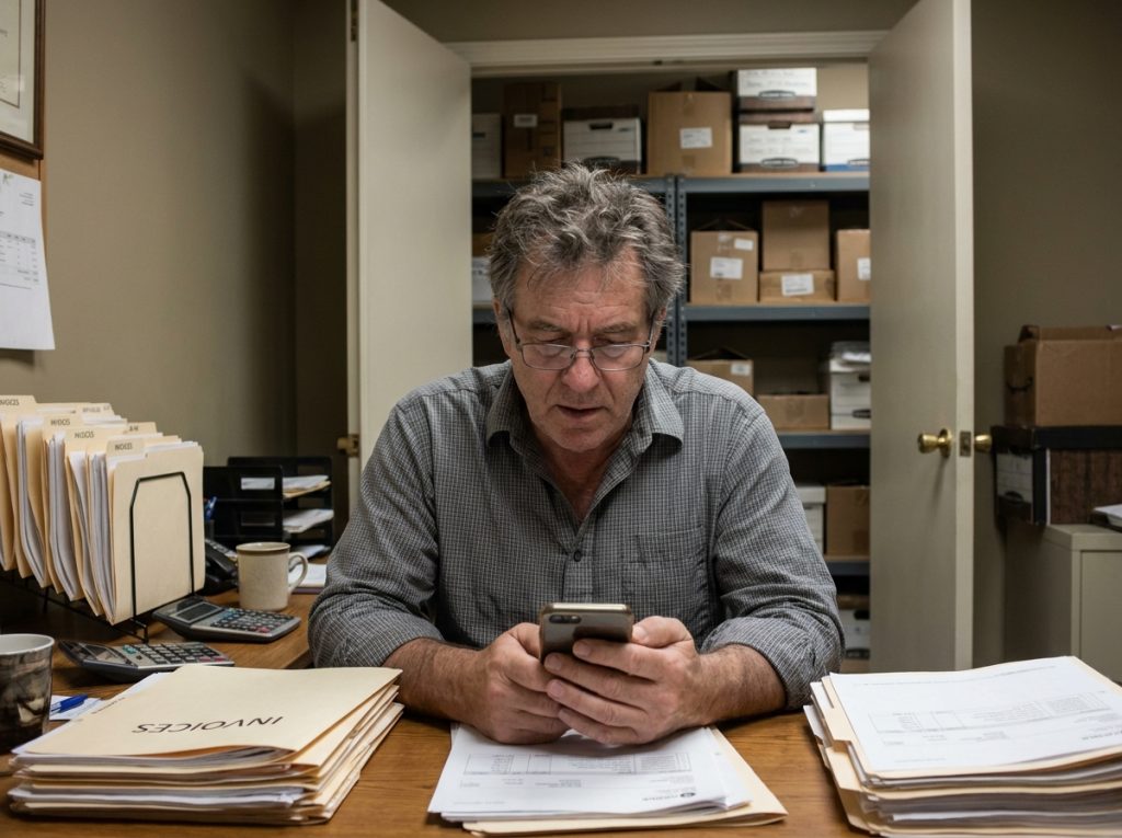 Chef d'entreprise PME utilisant une application mobile pour gérer ses finances depuis l'arrière-boutique de son commerce