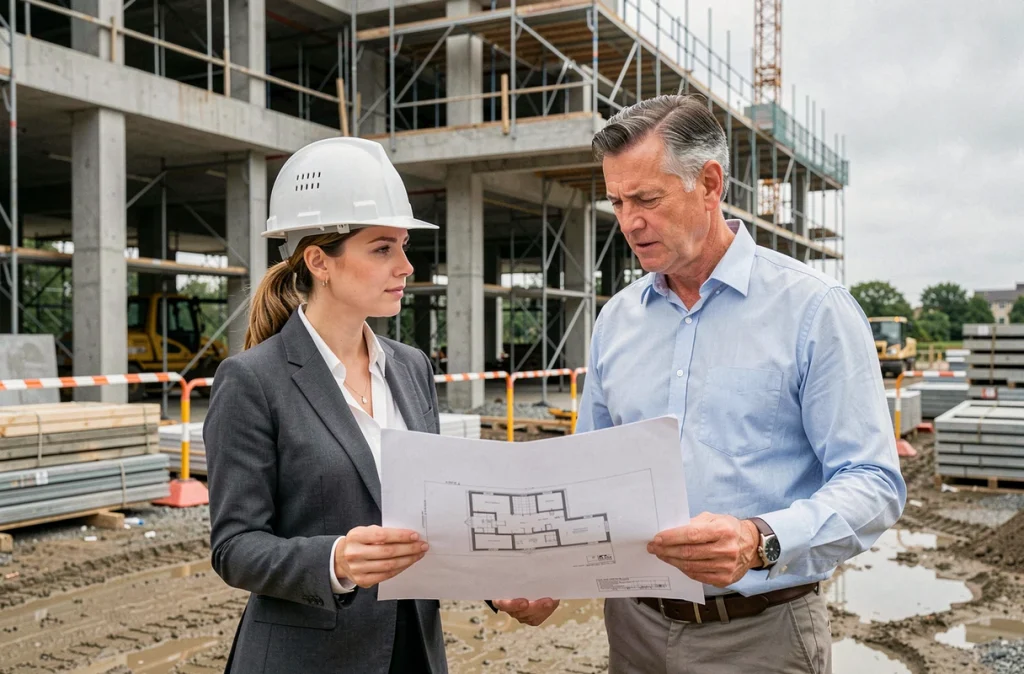 Deux chefs de projet immobilier en visite sur un chantier de construction urbain, examinant des plans imprimés