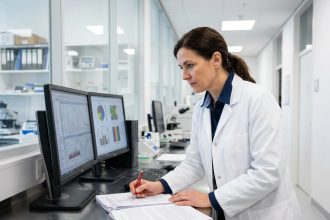 Chercheuse en laboratoire analysant des documents scientifiques pour l'état de l'art dans le cadre du crédit impôt recherche