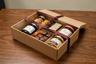 Coffret cadeau d'entreprise Comfruit rempli de produits gourmands artisanaux posé sur une table en bois de bureau