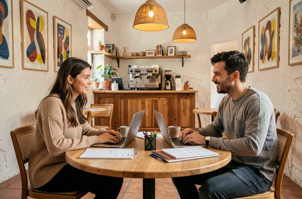 Deux professionnels en discussion dans un espace de coworking avec ambiance café à Arles