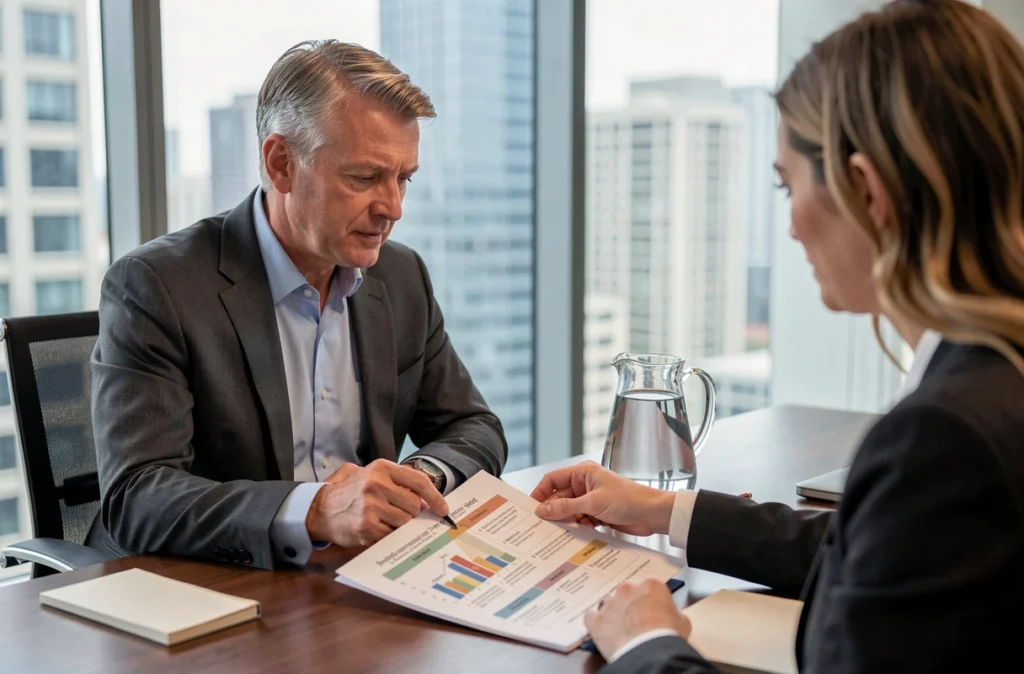 Conseiller comptable expliquant les charges professionnelles déductibles en portage salarial à un client en réunion d'entreprise