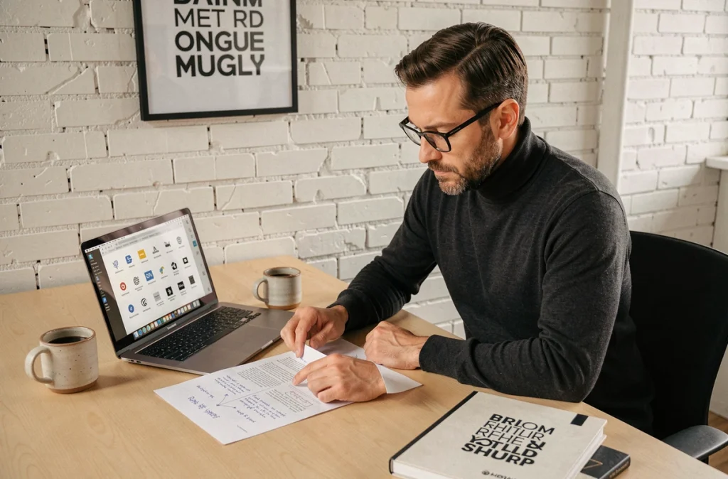 Consultant en stratégie de marque analysant un document Dekortikon dans un espace de travail minimaliste