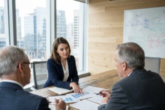 Consultante externe analysant des documents commerciaux avec des dirigeants d'entreprise autour d'une table de conférence moderne