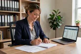 Consultante en portage salarial analysant ses charges déductibles sur des documents financiers à son bureau à domicile