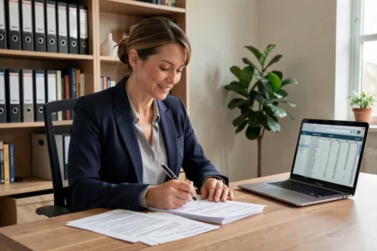 Consultante en portage salarial analysant ses charges déductibles sur des documents financiers à son bureau à domicile