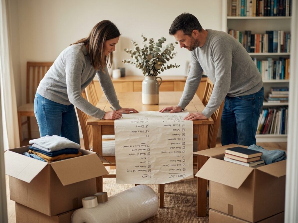 Couple planifiant un déménagement progressif autour d'une table à manger avec peu de cartons et un salon préservé