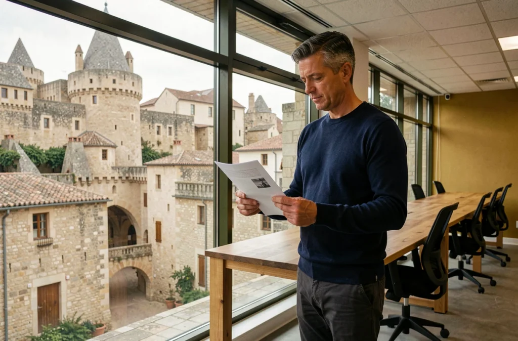 Professionnel en espace de coworking avec vue sur la cité médiévale de Carcassonne en arrière-plan