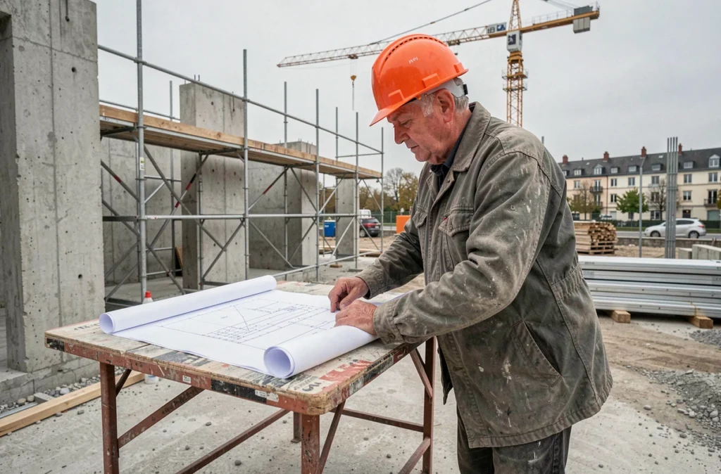 Chef de chantier BTP en casque orange consultant des plans sur un chantier de construction dans le 93 pour Crit Intérim