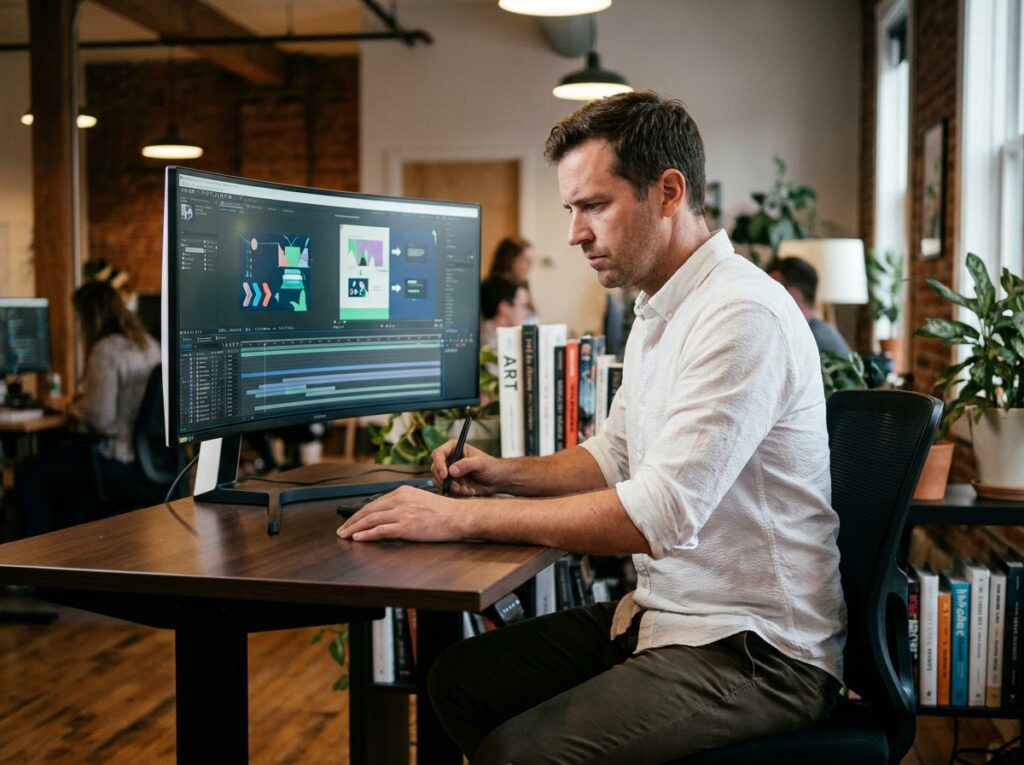 Designer motion design travaillant sur des animations de présentation d'entreprise dans un studio créatif
