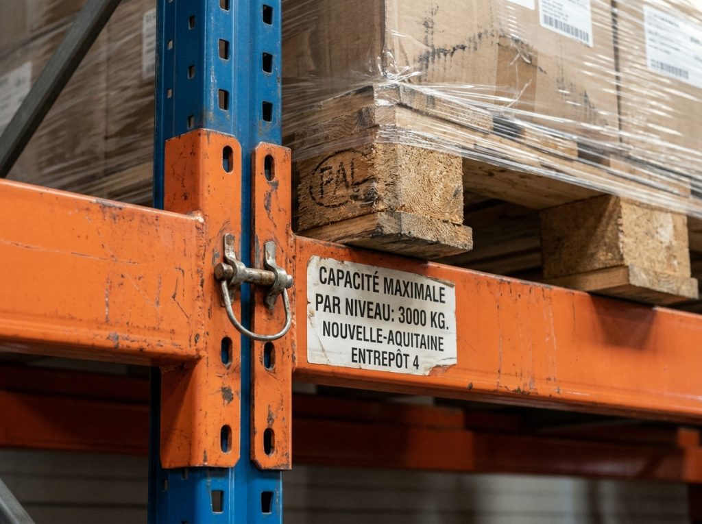Détail d'un assemblage de rack à palettes industriel avec goujon de sécurité et étiquette de charge maximale dans un entrepôt en Nouvelle-Aquitaine