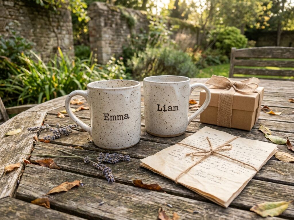 Deux mugs personnalisés avec des prénoms posés sur une table en bois avec des fleurs séchées et une lettre manuscrite