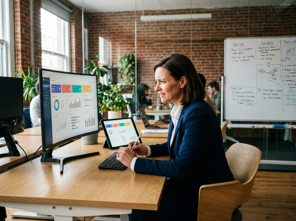 Dirigeante de PME analysant des tableaux de bord financiers numériques sur ordinateur et tablette dans un bureau moderne