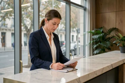 Femme d'affaires consultant des documents dans un centre d'affaires moderne situé sur les Champs-Élysées à Paris