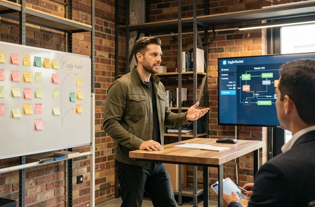 Consultant en recrutement Eagle Rocket lors d'un briefing dans un bureau parisien au style startup