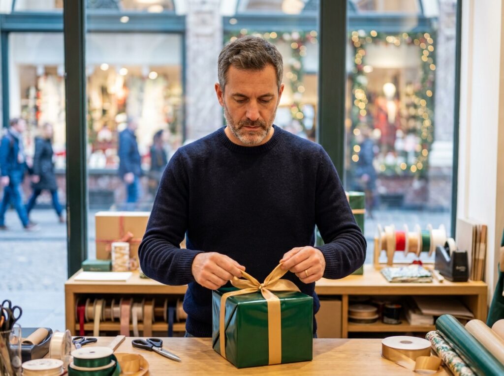 Homme soignant le nœud de ruban sur un cadeau emballé dans une boutique pendant les fêtes