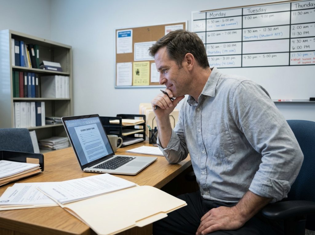 Enseignant consultant des autorisations parentales numériques sur ordinateur portable dans un bureau scolaire