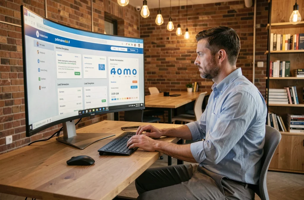 Un entrepreneur utilisant une plateforme B2B en ligne pour trouver des partenaires commerciaux et accélérer sa croissance