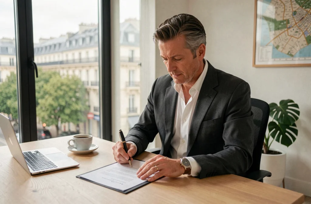 Chef d'entreprise signant des documents de domiciliation dans un bureau privé avec vue sur les Champs-Élysées