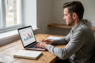 Entrepreneur vérifiant ses charges de micro-entreprise sur un ordinateur portable