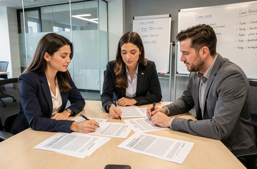 Équipe de professionnels analysant des questionnaires avec sections verbatim en salle de réunion