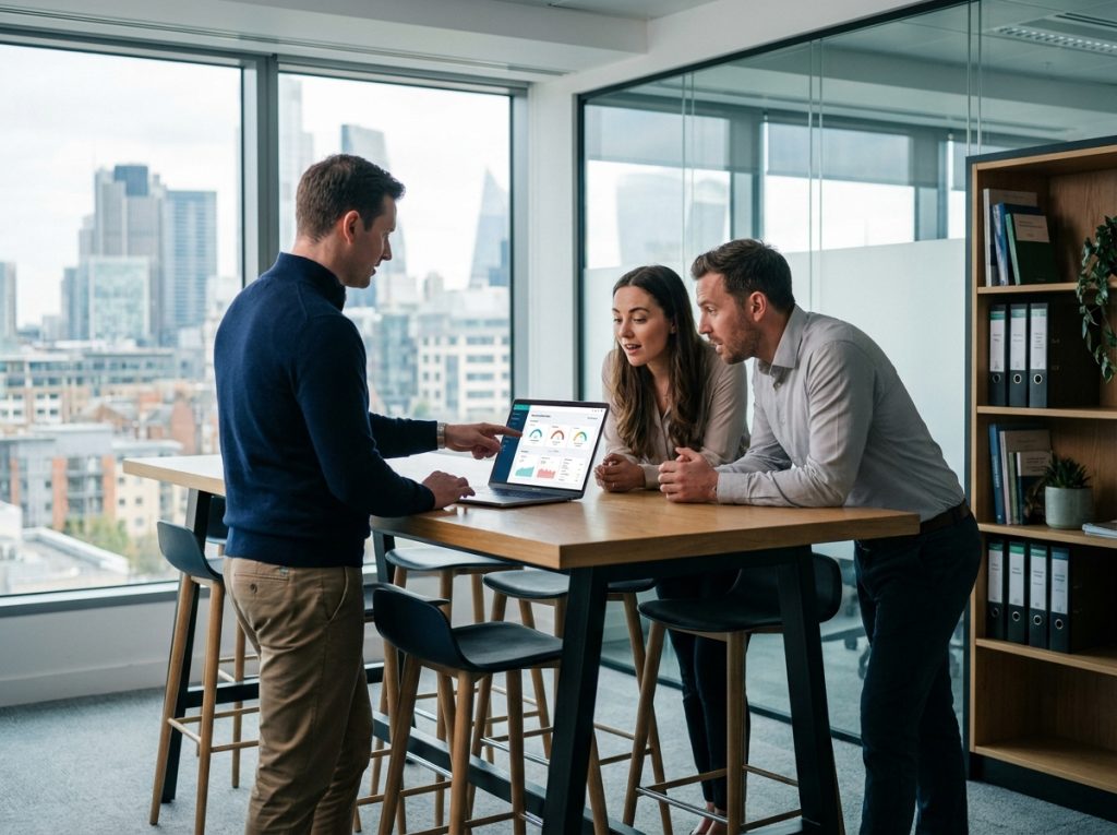 Équipe de PME découvrant un logiciel de comptabilité en ligne lors d'une démonstration dans un espace de coworking